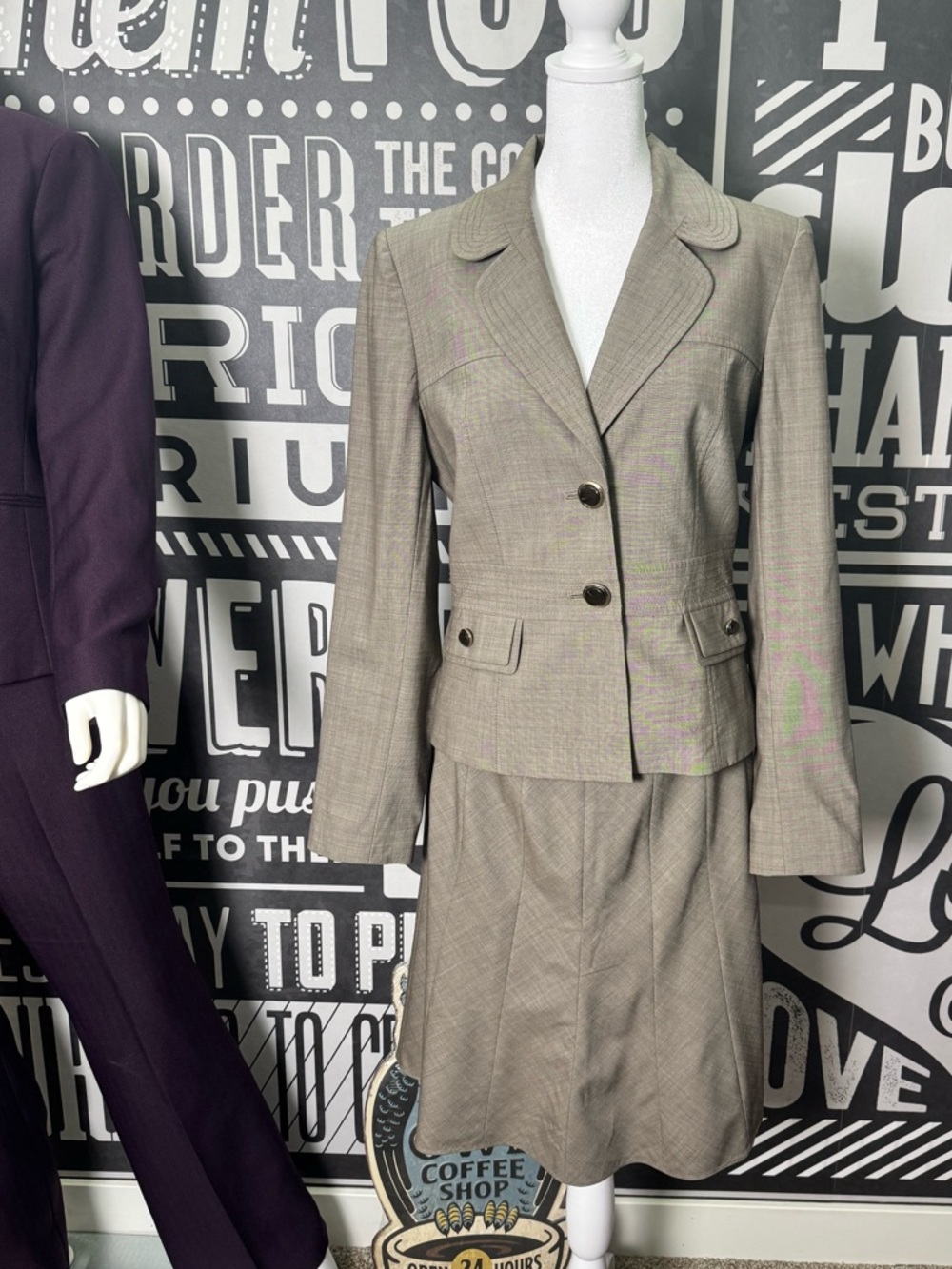 Antonio Melani Taupe Pinstripe Skirt Suit 2Pc Career Office Blazer Set